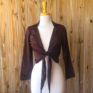 Mayamiko Silk Chocolate Brown Tie Front Long Sleeve Crop Top